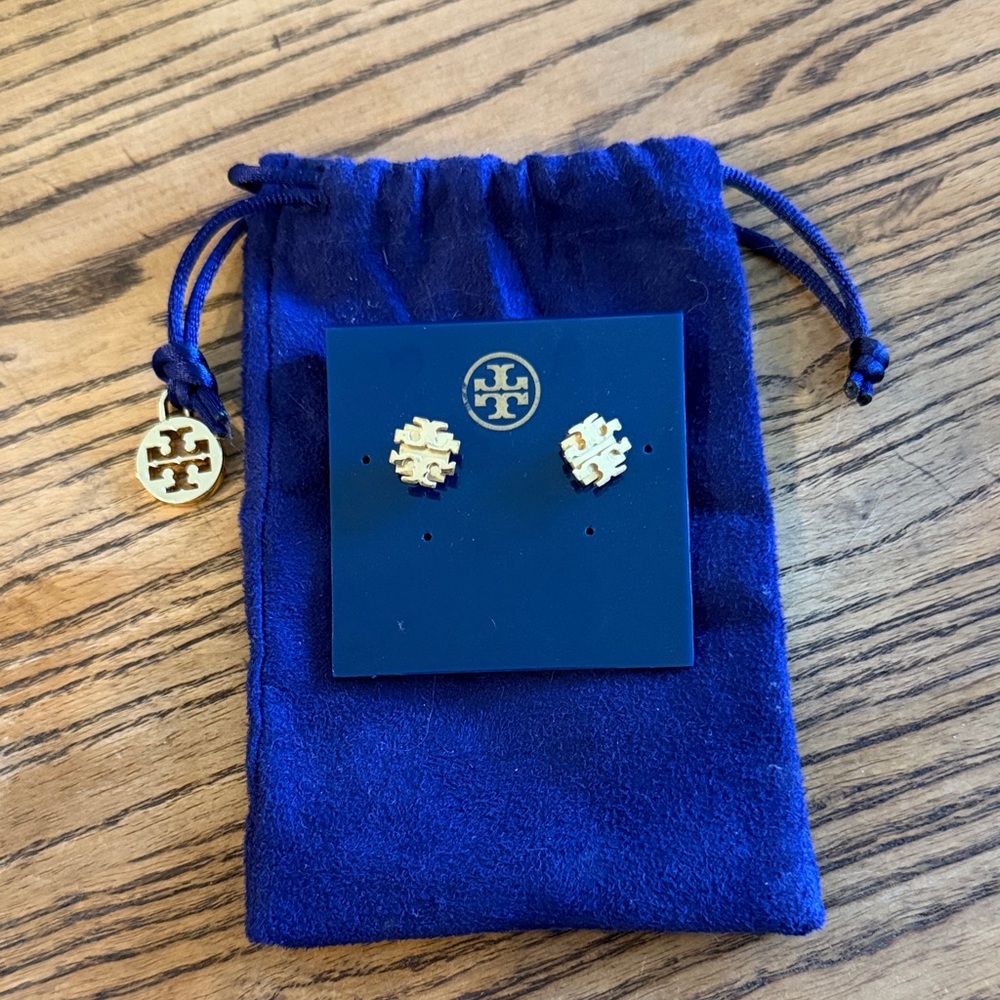 Tory Burch Gold Small T Logo Stud Earrings with Blue Pouch
